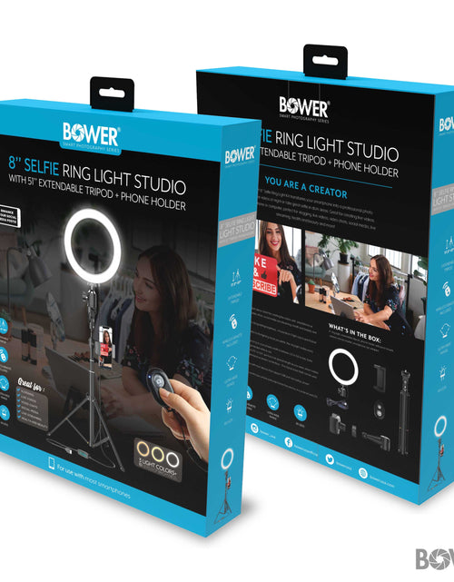 Load image into Gallery viewer, 8” Selfie Ring Light Studio with Tripod Stand and Phone Holder – 8” LED Ring Light, 51” Extendable Tripod, 360º Tripod Ball Head, 3 White Modes, 10 Bright Levels, Wireless Remote
