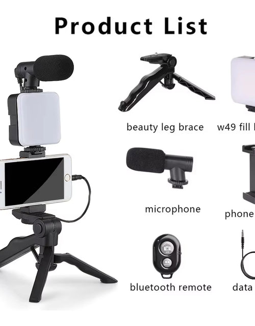 Load image into Gallery viewer, Smartphone Vlogging Kit with Tripod Phone Holder Mini Microphone LED Fill Light Starter for Tiktok Live Stream Video Youtube
